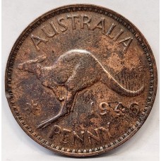 AUSTRALIA 1946 . ONE 1 PENNY . ERROR . PLANCHET FLAW UNDER DATE